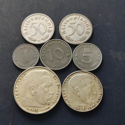 【全场包邮】纯粹捡漏拍518场 - 德国第三帝国1935-1941年7枚套币-含2枚银币2马克【25毫米8克62.5%】+5马克【29毫米13.88克90%】