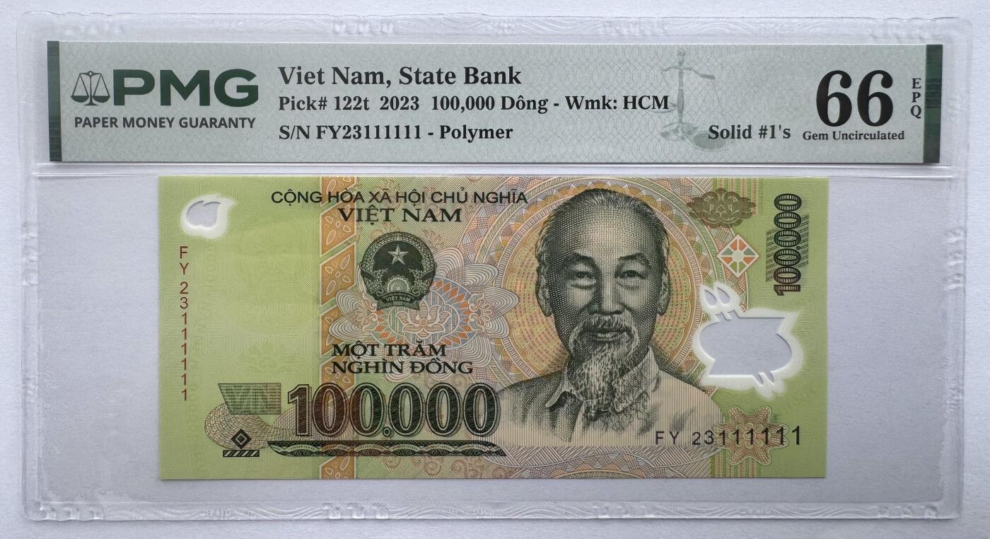 2026第6场（总第233期）：精品外钞、塑料钞靓号场  全同号111111 越南2023年版100000盾Guardian基材塑料钞（PMG66）