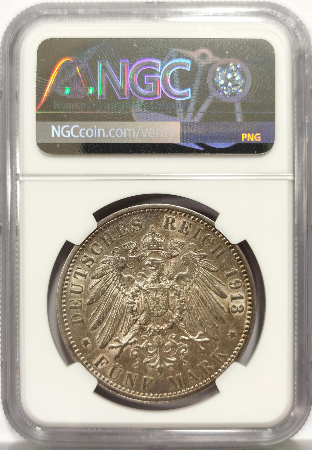 博洋堂世界钱币拍卖第167期（全场包邮） NGC AU55 德国汉堡1913J双狮5马克大银币，品相极佳
