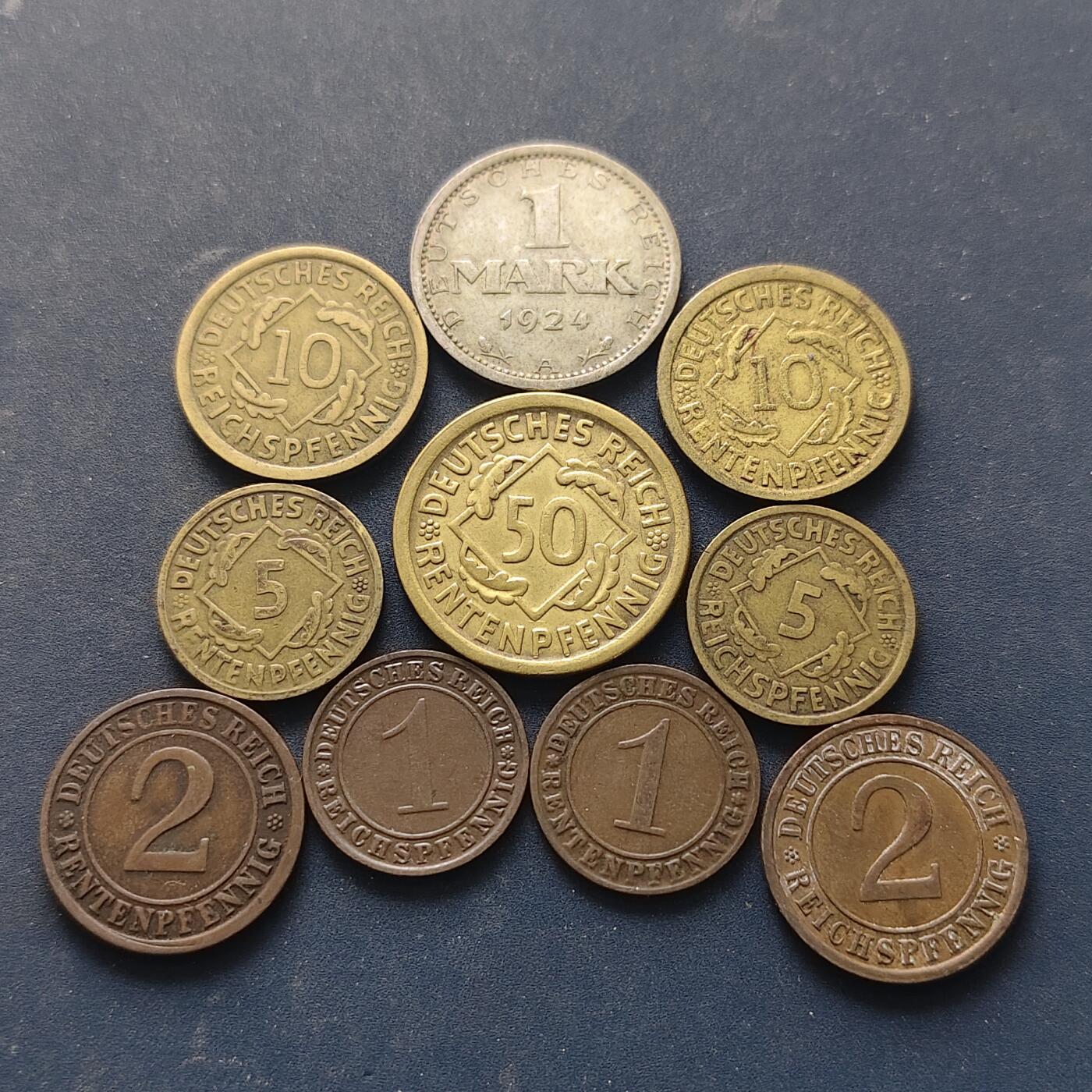 【全场包邮】纯粹捡漏拍518场 德国魏玛共和国1924-1936年10枚套币-含1马克银币【23毫米5克50%】