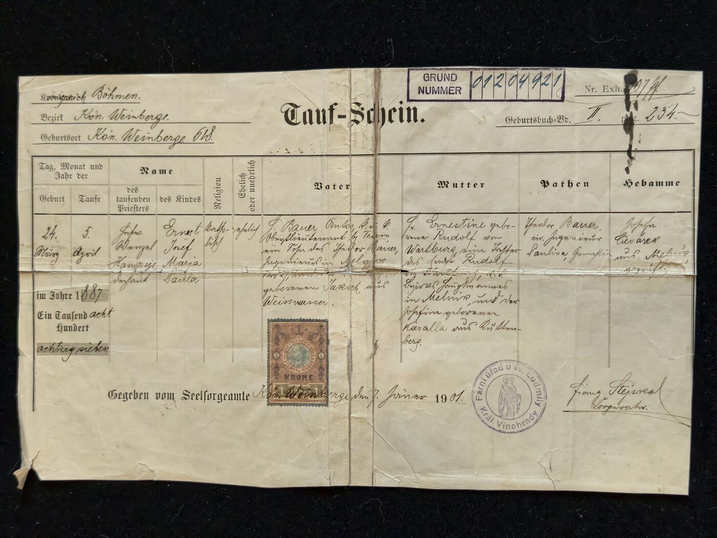 凯旋世界勋赏（第23期）（欢迎送拍）（对拍品有疑问请询问客服，不接受到手刀，出价默认拍品品相。请认真阅读拍卖规则！出价默认已认可！）（收到货请录制开箱视频，无视频概不处理问题。） 奥匈帝国 恩斯特·鲍尔的出生与洗礼证明 1901年由布拉格皇家温伯格区圣柳德米拉教区办公室 亲笔签发