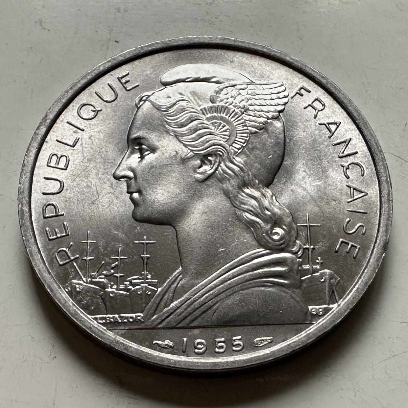 🌹外币初藏🌹🐯2026年第36场   每周二四六晚8️⃣点 接代拍 法属留尼汪 1955年 5法郎 铝币