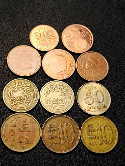 泉币菌-第219场-拍品多 请提前出价 - 11枚一组 4枚殴分币➕1枚加拿大枫叶一分铜币 ➕3枚韩国五十韩元➕3枚10韩元