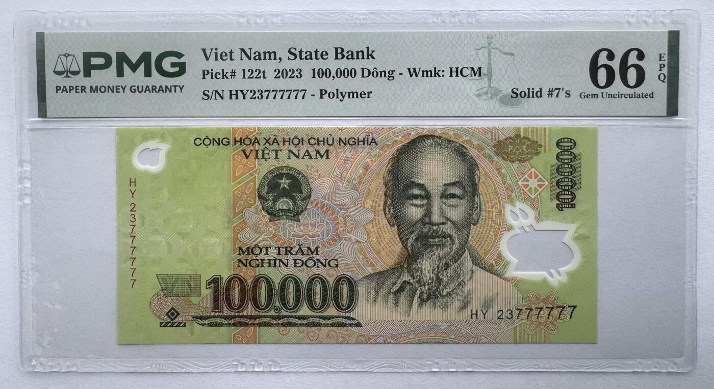 2026第6场（总第233期）：精品外钞、塑料钞靓号场  全同号777777 越南2023年版100000盾Guardian基材塑料钞（PMG66）