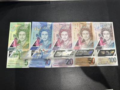 《外钞收藏家》第六百二十三期（精选场）（长期征集拍品、欢迎藏友们联系合作） - 东加勒比最新版塑料钞5-100元 五张一起 全新UNC 有倒置号等靓号