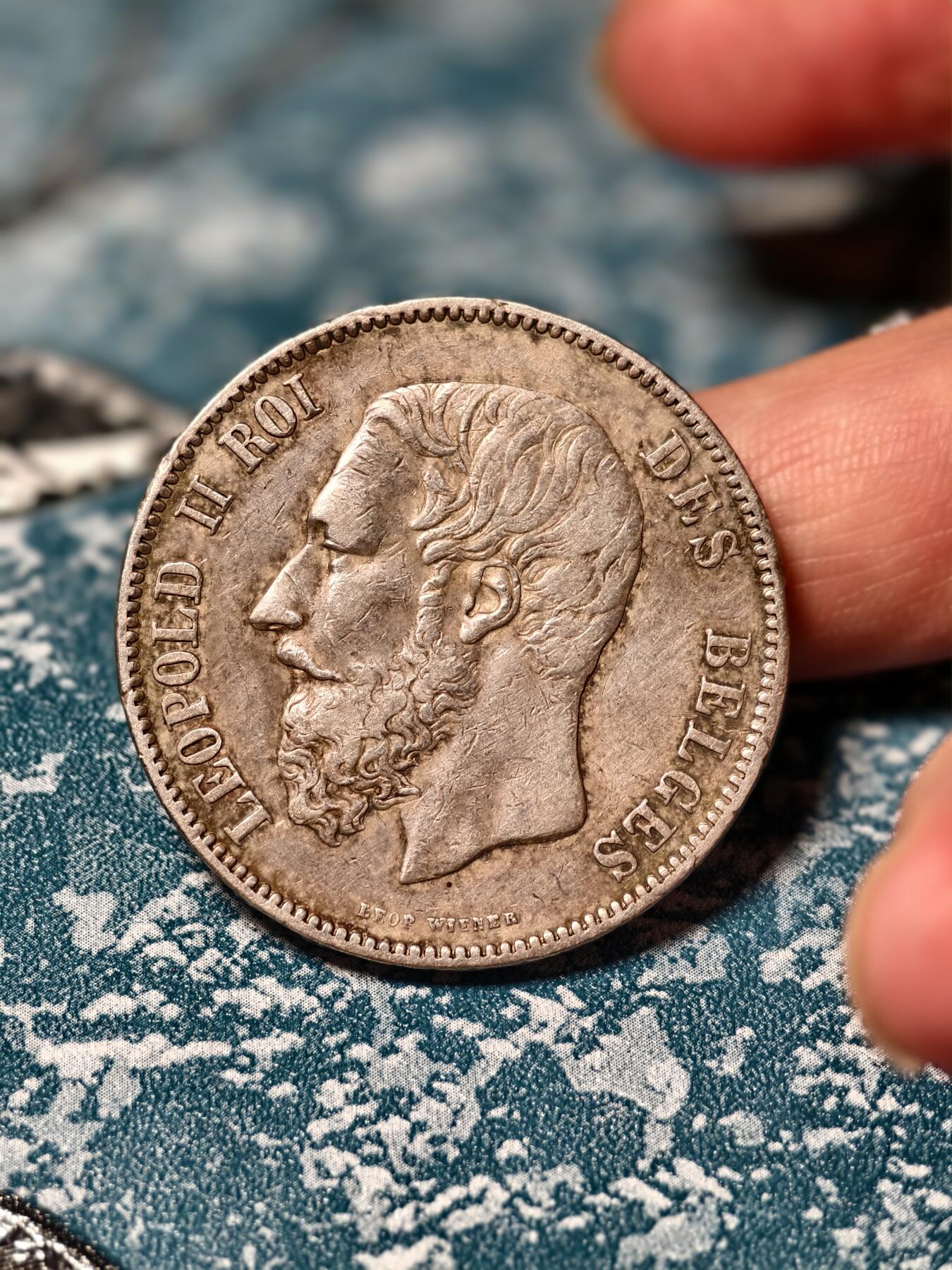 抚柳草堂-第二十一期章牌钱币  奖章勋章 满百包邮 放漏专场 1873比利时利奥波德二世5法郎大银币 比利时名家Wiener作品 重24.7g 细节到位浮雕漂亮