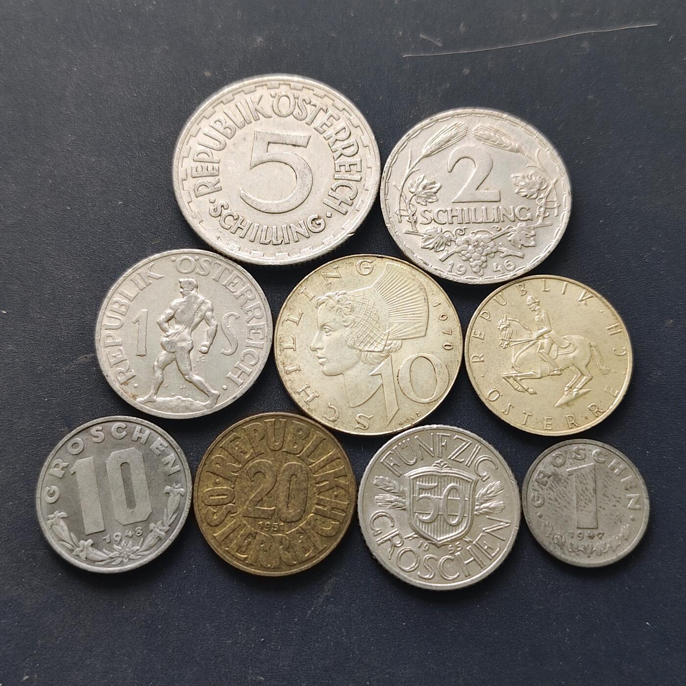 【全场包邮】纯粹捡漏拍518场 奥地利1946-1970年9枚套币-含2枚银币5先令【23.5毫米5.2克64%】+10先令【27毫米7.5克64%】