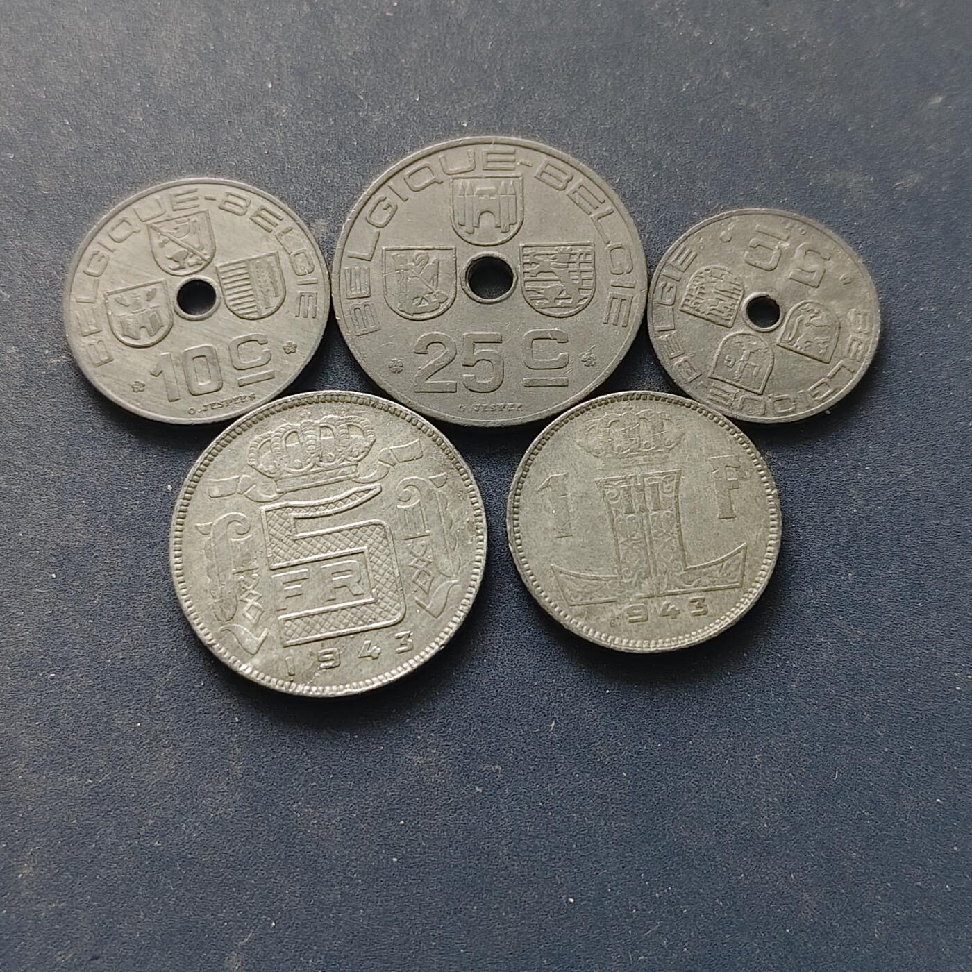 【全场包邮】纯粹捡漏拍518场 德占比利时1941-1943年BELGES法语版5枚锌币套币