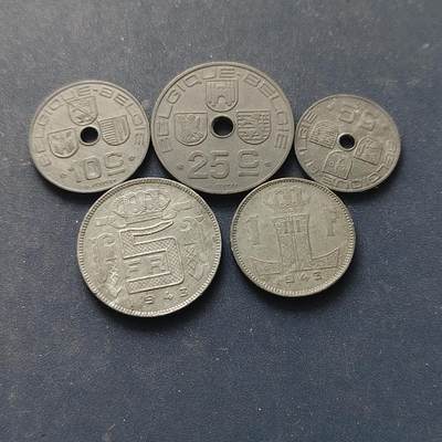 【全场包邮】纯粹捡漏拍522场 德占比利时1941-1943年BELGES法语版5枚锌币套币