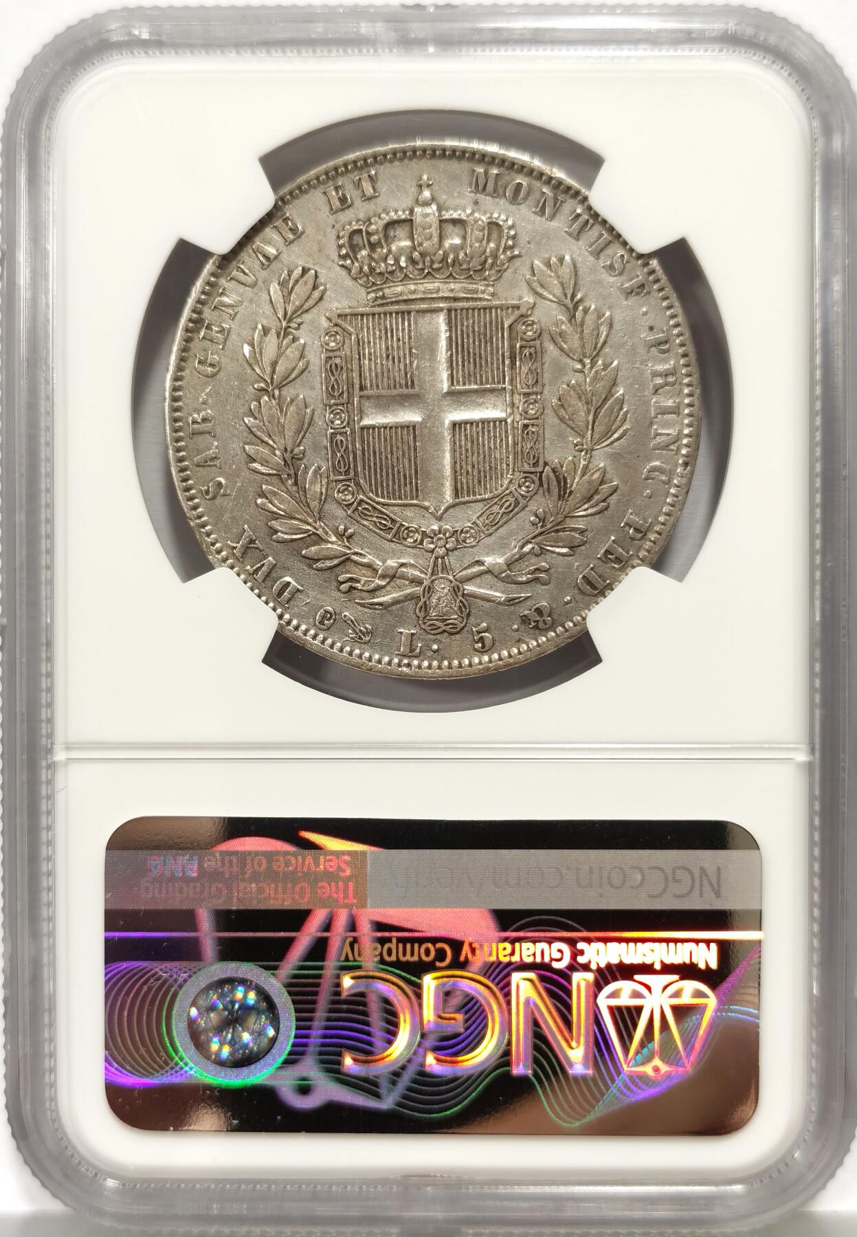 博洋堂世界钱币拍卖第167期（全场包邮） NGC AU 意大利1840年锚记版撒丁王国5里拉大银币，好品稀少