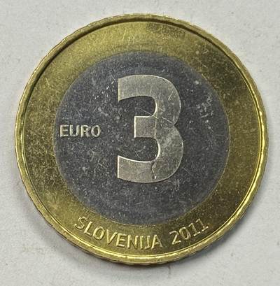 S&S Numismatic世界钱币-拍卖 第125期  - 斯洛文尼亚2011年 独立20周年 3欧元双色纪念币 Mint Error 非常明显的磨具爆裂