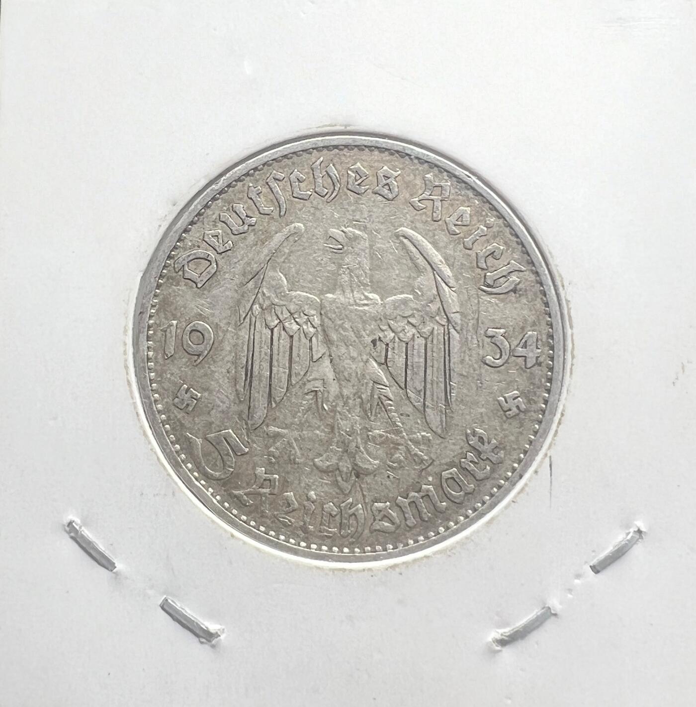 1934 年纳粹德国 5 马克银币 波茨坦加里森教堂 D 厂 第三帝国 90% 银