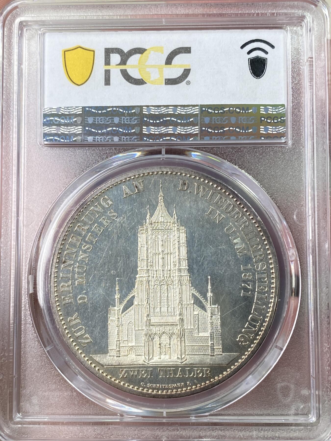 万国钱币拍卖第064期 PCGS PR61CAM 1871年德国符腾堡乌尔姆大教堂2泰勒 德系2泰勒大名誉品种 德意志精工细作的代表 精制深度镜面底板和满喷砂的人像与教堂形成强烈反差 无疑是一种视觉享受 难得CAM收藏级品质  