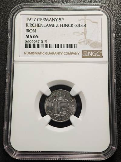 【德藏】世界币章拍卖第170期（拍品征集中~欢迎藏友联系） 1917年 德国紧急时期基尔兴拉米茨5芬尼铁币 NGC MS65 保存不易 好品难得