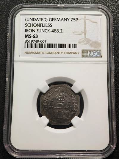 【德藏】世界币章拍卖第170期（拍品征集中~欢迎藏友联系） 德国紧急时期舍恩弗利斯25芬尼铁币 NGC MS63 保存不易 好品难得