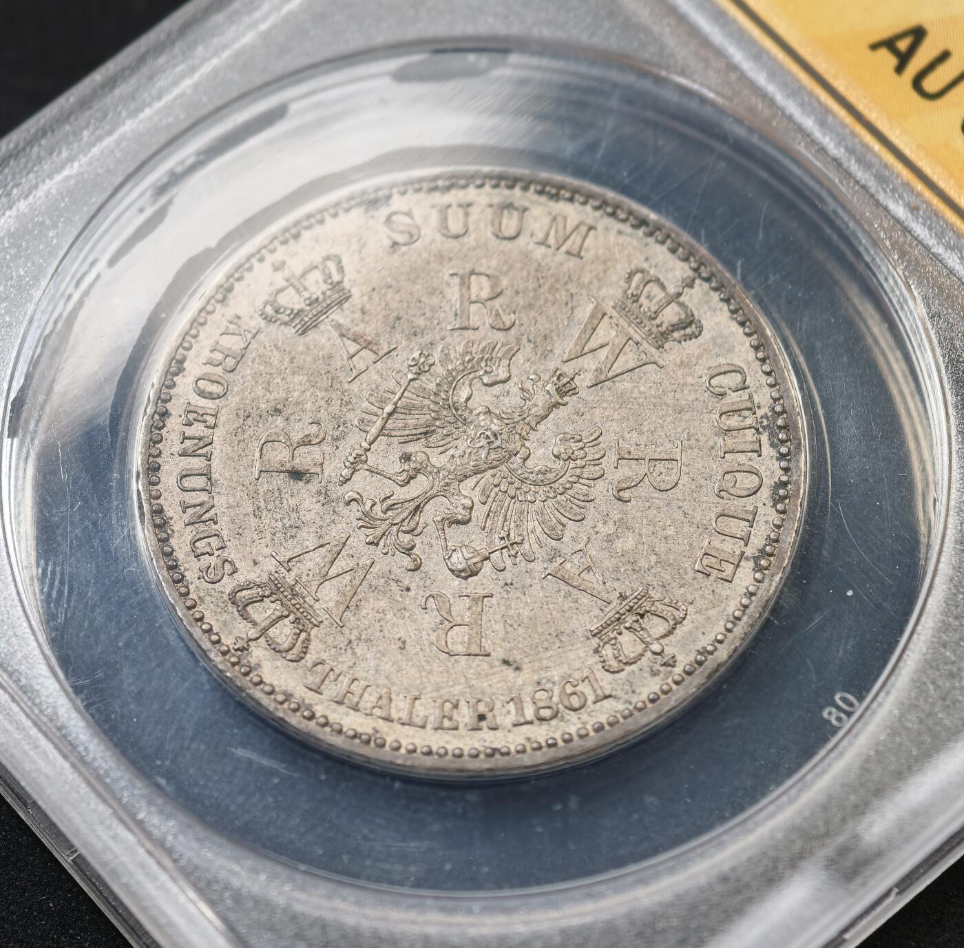 甄臻铺-世界币章拍卖（第58期），送拍享返佣金等优惠多多 ANACS AU58 德国1861年 威廉一世登基纪念 1泰勒银币 经典普鲁士毛衣泰勒 淡灰色包浆