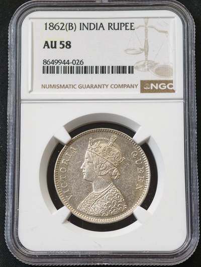 甄臻铺-世界币章拍卖（第58期），送拍享返佣金等优惠多多 - NGC-AU58 1862年英属印度维多利亚卢比