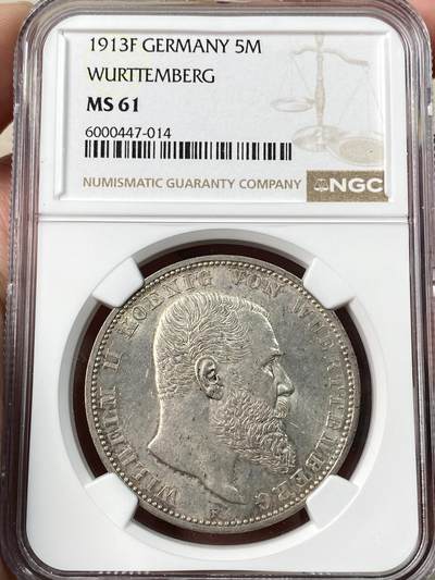 万国钱币拍卖第064期 - NGC MS61 1903年德国符腾堡流通长翅5马克 原味欧陆包浆好状态