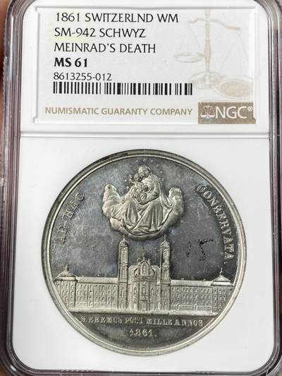 万国钱币拍卖第064期 - NGC MS61 1861年瑞士亨利四世修道院建成1000周年纪念锡章 镜面精铸修道院景观丝丝入扣