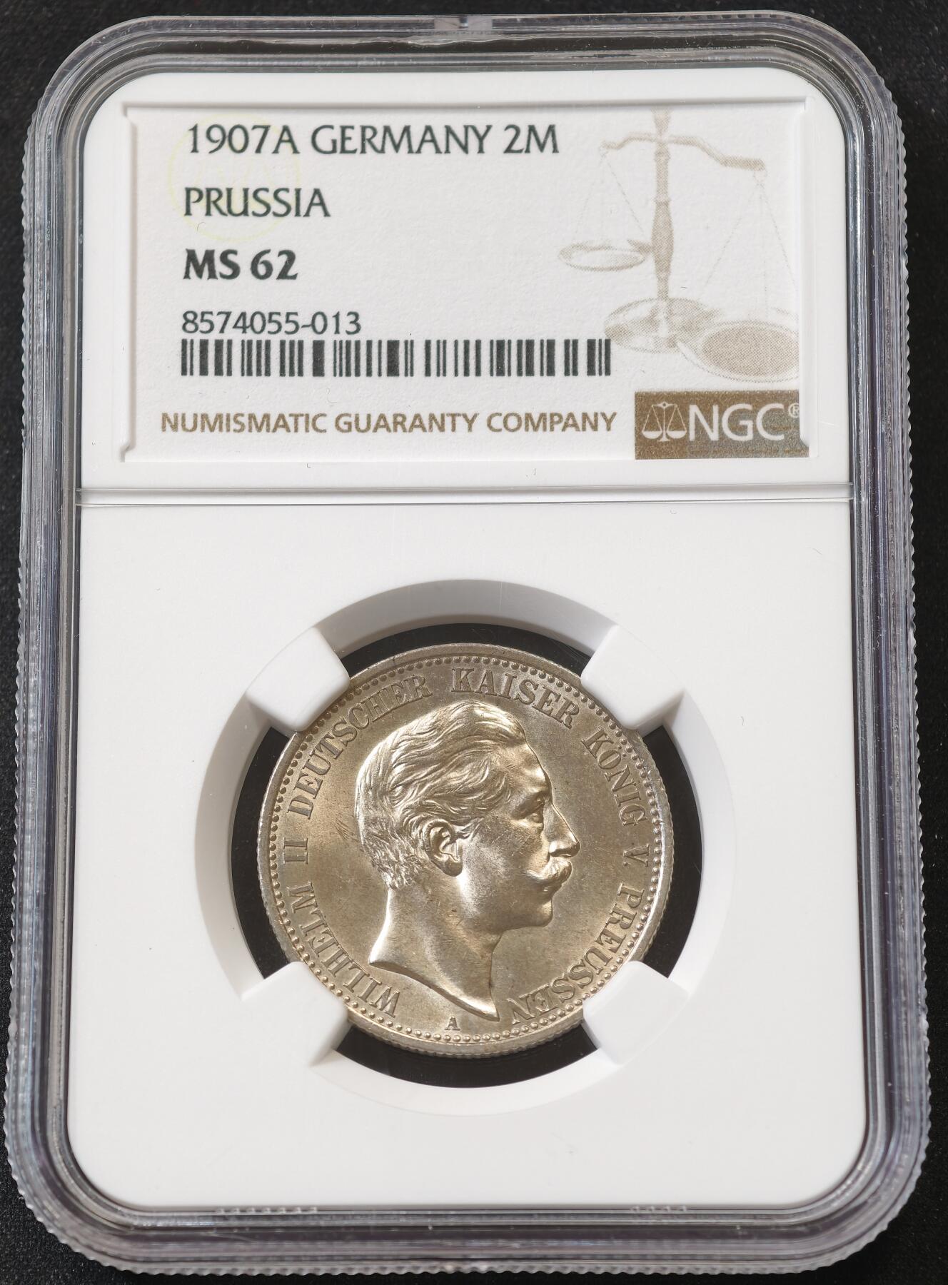 甄臻铺-世界币章拍卖（第58期），送拍享返佣金等优惠多多 NGC-MS62 1907年德国普鲁士2马克银币（流通版），少见好品