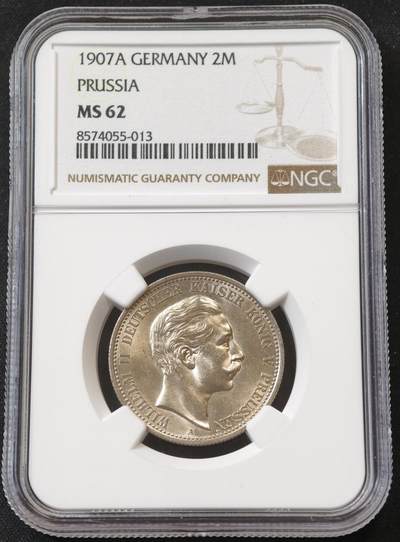 甄臻铺-世界币章拍卖（第58期），送拍享返佣金等优惠多多 - NGC-MS62 1907年德国普鲁士2马克银币（流通版），少见好品