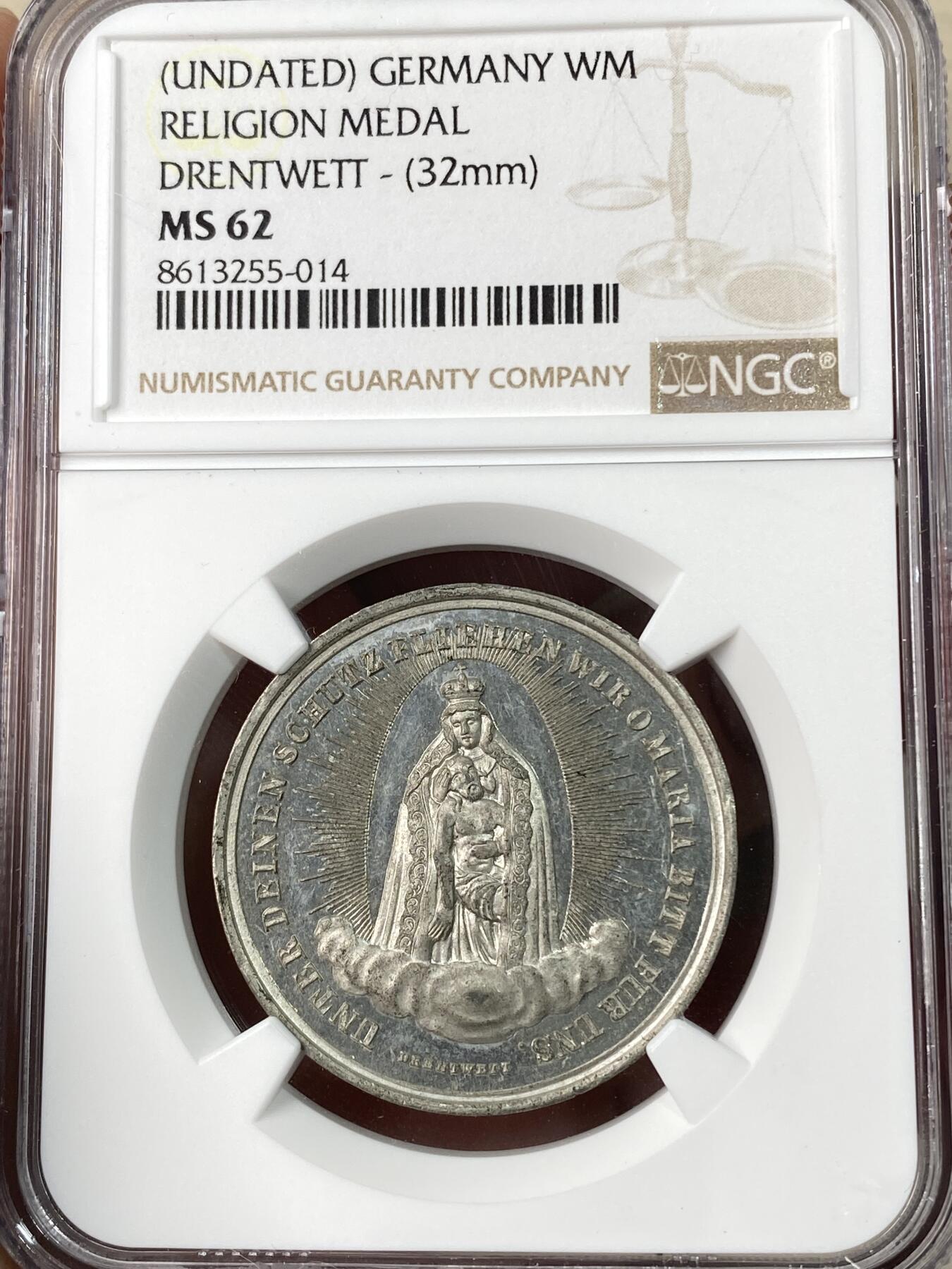 万国钱币拍卖第064期 NGC MS62 19世纪初德国圣母抱婴坚信礼锡章 极其精美镜面精铸 教堂景观丝丝入扣