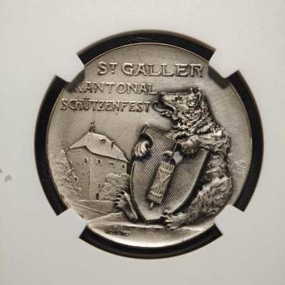 【德藏】世界币章拍卖第170期（拍品征集中~欢迎藏友联系） 1910年瑞士圣加仑戈绍射击节银章 稀少品种 磨砂精铸 品相状态非常棒 NGC MS65