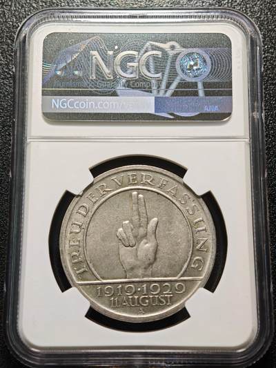 【德藏】世界币章拍卖第170期（拍品征集中~欢迎藏友联系） 1929年 德国魏玛共和国宪法公布10周年5马克纪念银币 NGC AU 状态安逸