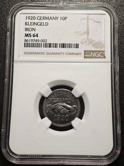 【德藏】世界币章拍卖第170期（拍品征集中~欢迎藏友联系） 1920年 德国紧急时期库普斯乌梅格10芬尼铁币 NGC MS64  保存不易 好品难得