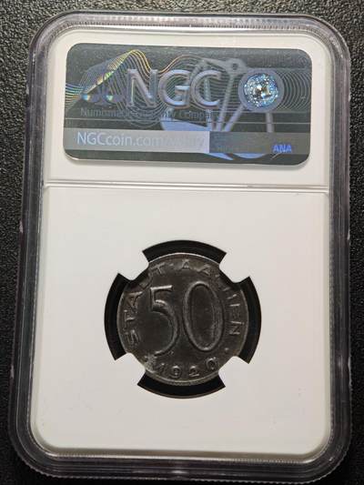 【德藏】世界币章拍卖第170期（拍品征集中~欢迎藏友联系） 1920年 德国德紧时期亚琛大嘴鹰50芬尼铁币 NGC MS63 保存不易 好品难得 经典品种