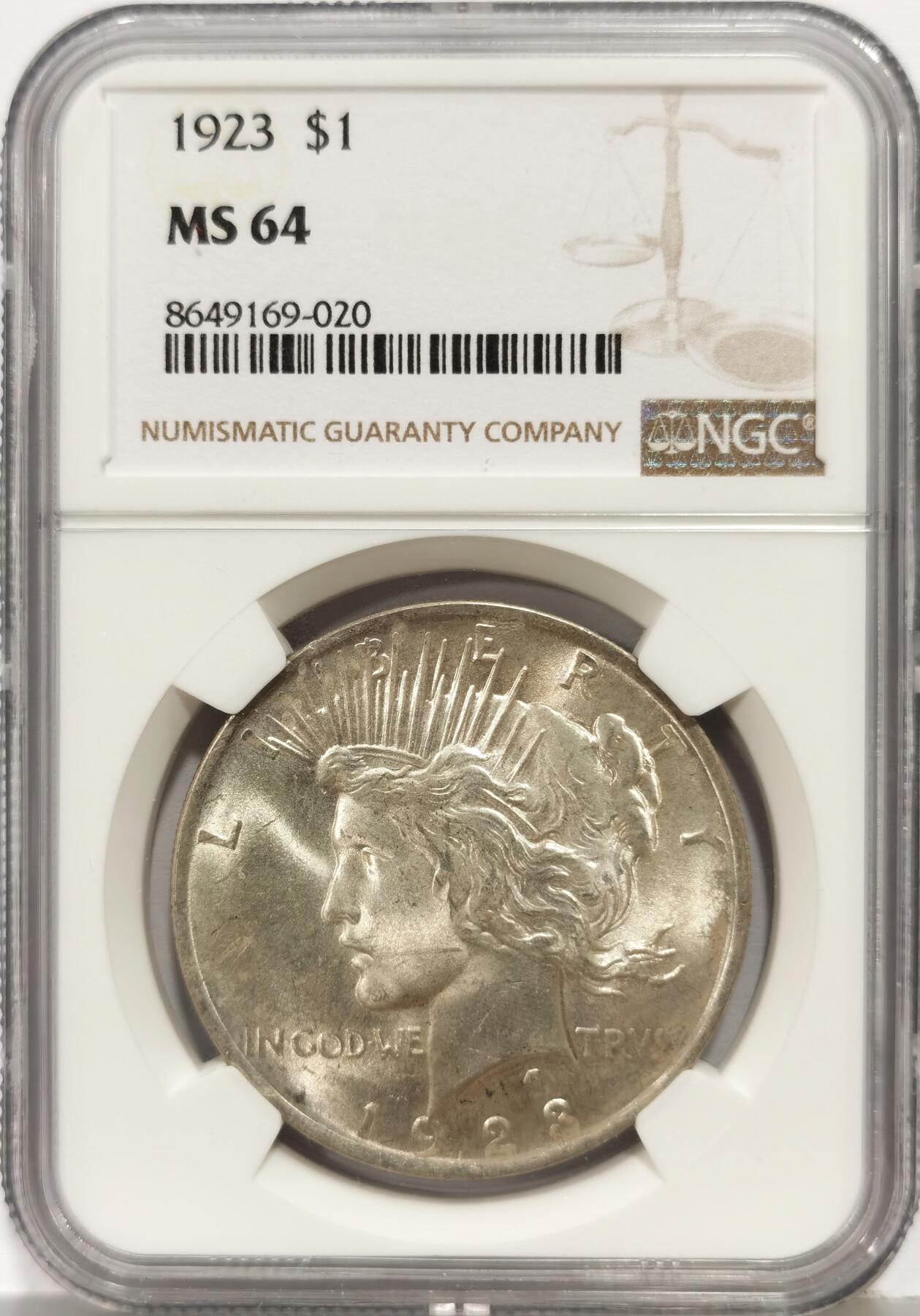 博洋堂世界钱币拍卖第167期（全场包邮） NGC MS64 美国1923年和平银币，卷拆原光好品，银光闪烁，状态极佳。