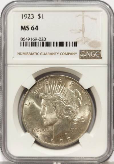 博洋堂世界钱币拍卖第167期（全场包邮） - NGC MS64 美国1923年和平银币，卷拆原光好品，银光闪烁，状态极佳。