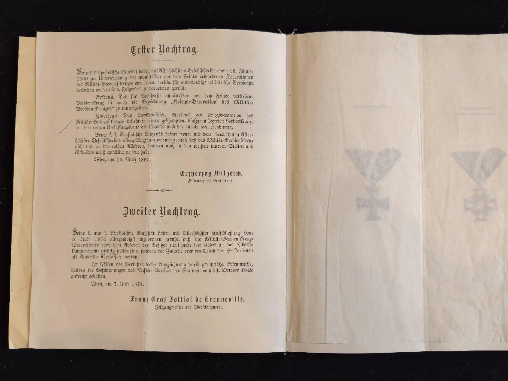 凯旋世界勋赏（第23期）（欢迎送拍）（对拍品有疑问请询问客服，不接受到手刀，出价默认拍品品相。请认真阅读拍卖规则！出价默认已认可！）（收到货请录制开箱视频，无视频概不处理问题。） 奥匈帝国 军事功绩十字勋章（MVK）的官方章程 和 补充条例（和证书一起发的）属于 安东·鲍尔少将，图2为原始章程，图3展示了两种不同的军事功勋十字勋章，分别是 军事功绩十字勋章和 带有战争勋饰的军事功绩十字勋章，图3为 第一与第二补充案