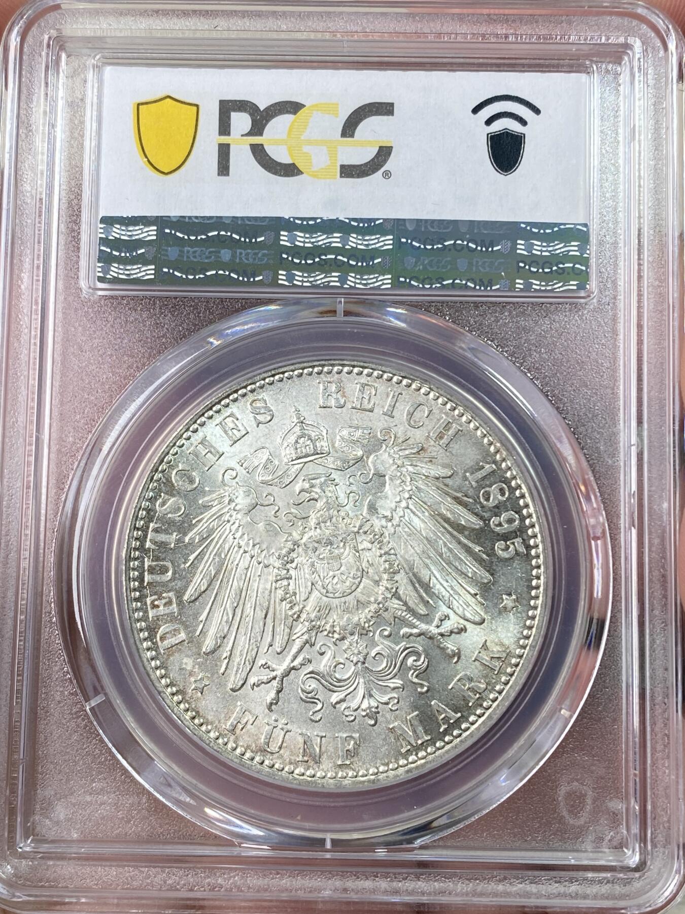 万国钱币拍卖第064期 PCGS MS64 1895年德国巴伐利亚奥拓流通长翅5马克 高难早期关键年份 PCGS亚军分更高仅仅一枚 暴力银霜转光 对于此年份已是天花板级别品相