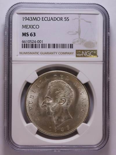 观钱 近现代机制币拍卖No.006（全场顺丰包邮，不区分偏远地区）  - 1943 年厄瓜多尔 5 苏克雷（墨西哥造）银币 NGC MS63 