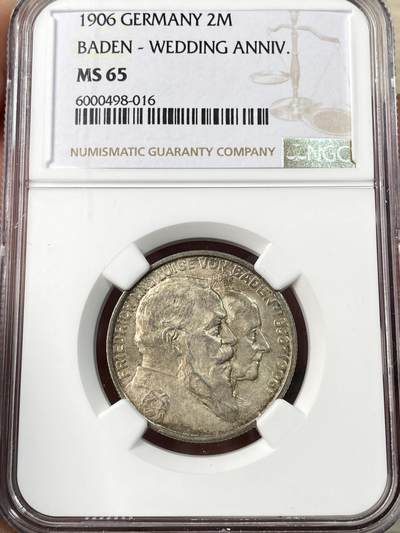 万国钱币拍卖第064期 - NGC MS65 1906德国巴登金婚纪念长翅2马克 丝绸转光香槟五彩极美BU收藏级