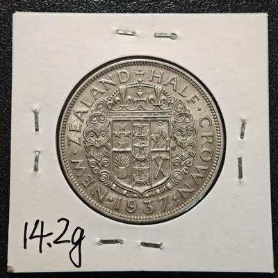 【德藏】世界币章拍卖第170期（拍品征集中~欢迎藏友联系） 老藏家集藏系列之- 1937年 新西兰1/2克朗银币 直径约：32mm；重约：14.1g 入册20余年·附有当年购入价