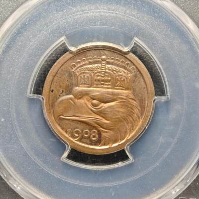 【德藏】世界币章拍卖第170期（拍品征集中~欢迎藏友联系） 1908年 德国25芬尼大嘴鹰 精制铜样币 章牌大师:卡尔歌茨作品 PCGS PR63RB
