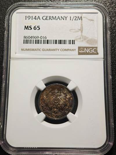【德藏】世界币章拍卖第170期（拍品征集中~欢迎藏友联系） 1914年 德国1/2马克银币 NGC MS65 深彩包浆 状态极佳