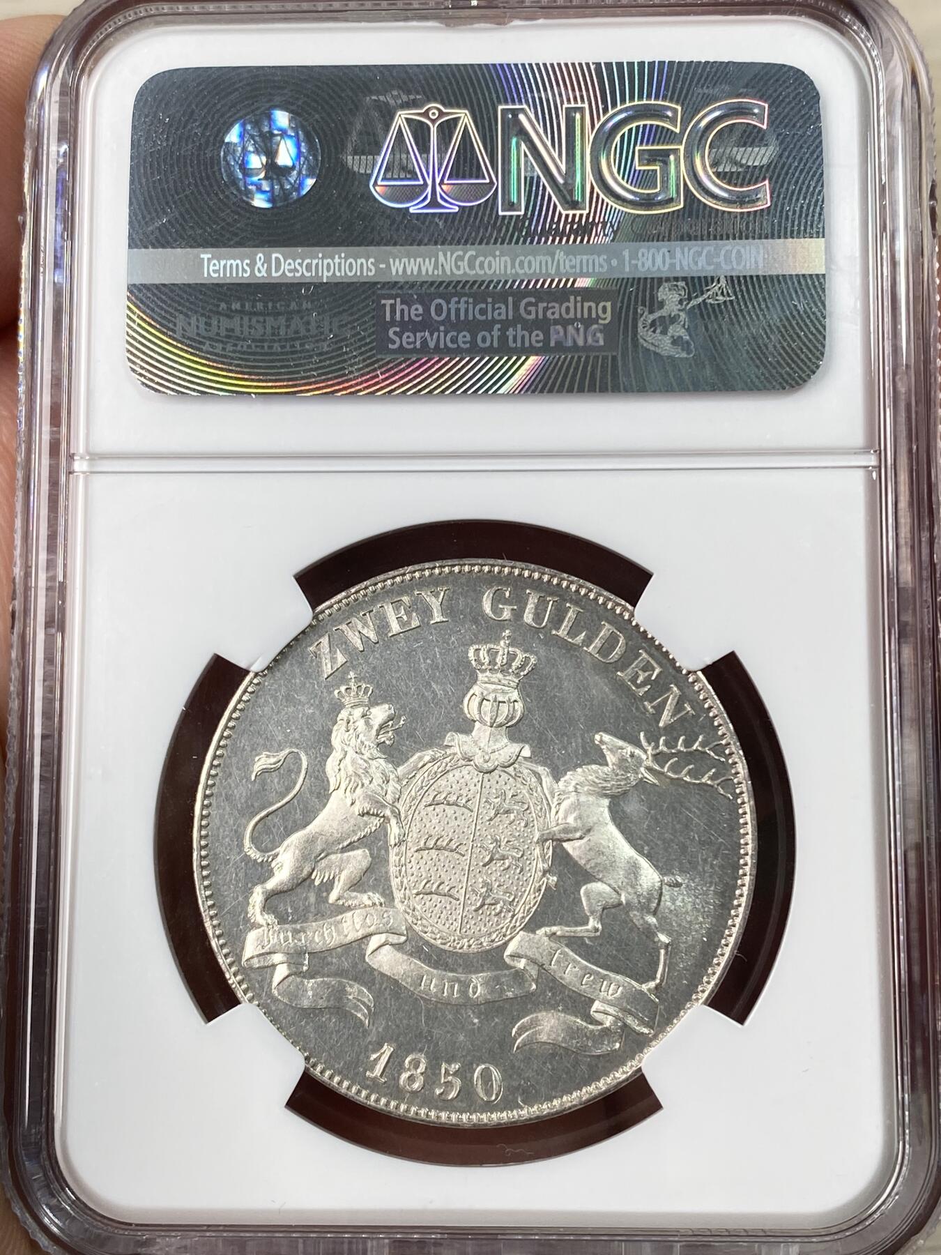 万国钱币拍卖第064期 NGC MS62 1850年德国符腾堡狮鹿流通2古尔登大银币 银霜转光喷砂质感狮鹿 NGC老盒收藏级