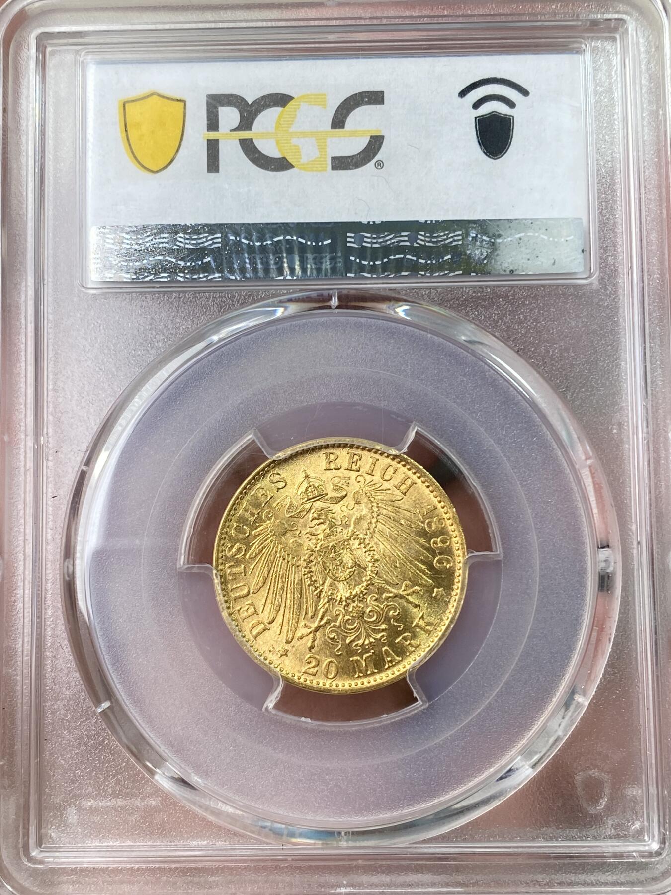 万国钱币拍卖第064期 PCGS MS64 1896年德国普鲁士威廉二世长翅流通20马克金币 早期年份好品难度不小 丝绸黄金底板强转光 PC冠军分 7.96g 900金