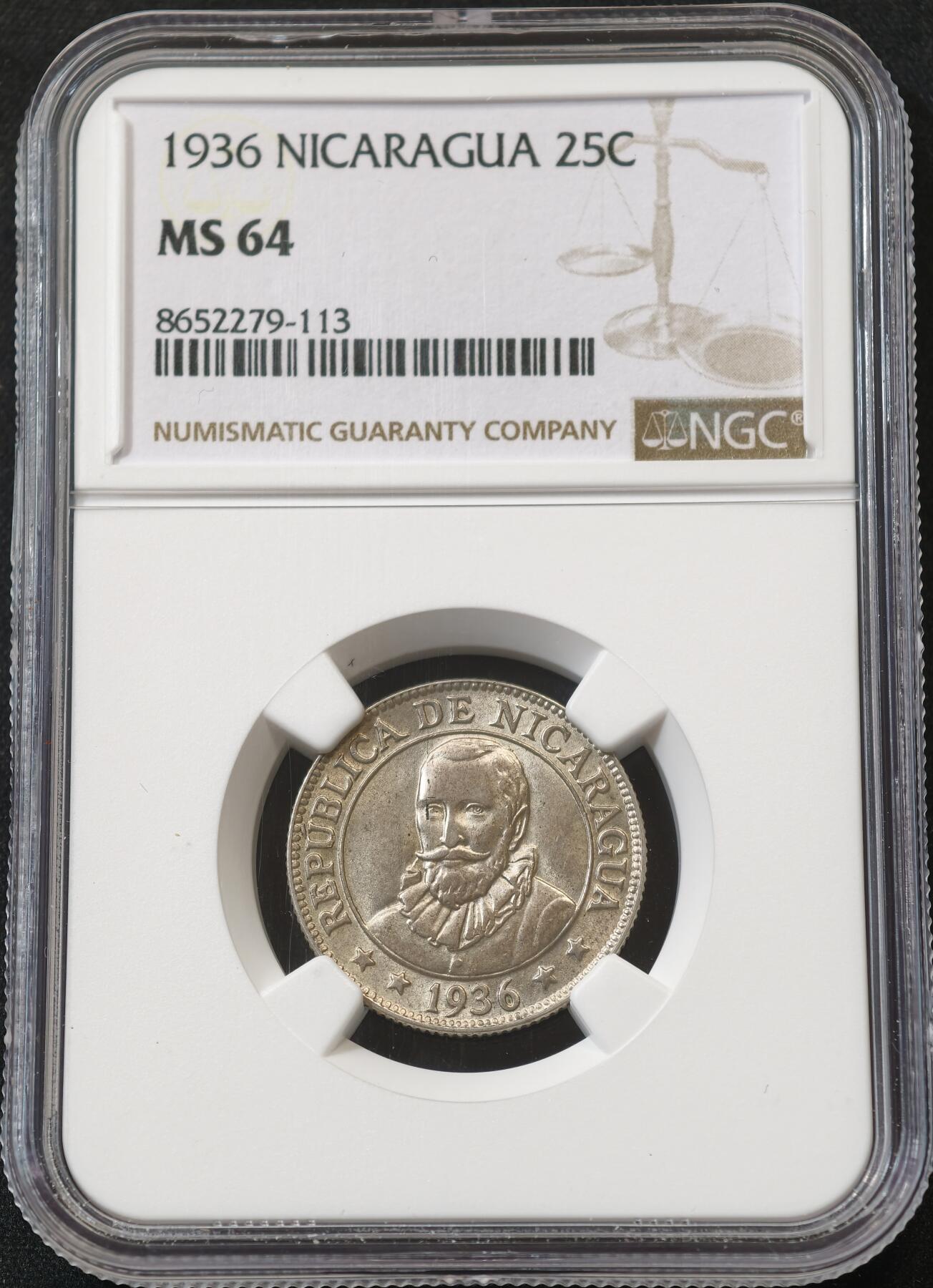 甄臻铺-世界币章拍卖（第58期），送拍享返佣金等优惠多多 NGC-MS64 尼加拉瓜1936年特年25分银币 NGC冠军分 2026年1月麦稀奇拍卖同款普年MS64分成交价1200元，尼加拉瓜最后一套银本位货币，美国费城造币厂代铸，总铸造量仅10万枚，拉美老银币是国际收藏圈公认的价值洼地，投资收藏皆宜。