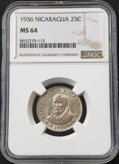 甄臻铺-世界币章拍卖（第58期），送拍享返佣金等优惠多多 - NGC-MS64 尼加拉瓜1936年特年25分银币 NGC冠军分 2026年1月麦稀奇拍卖同款普年MS64分成交价1200元，尼加拉瓜最后一套银本位货币，美国费城造币厂代铸，总铸造量仅10万枚，拉美老银币是国际收藏圈公认的价值洼地，投资收藏皆宜。