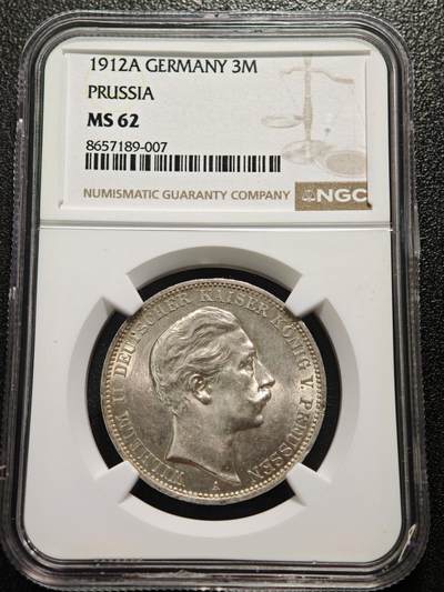 【德藏】世界币章拍卖第170期（拍品征集中~欢迎藏友联系） 1912年 德国普鲁士威廉二世3马克银币 NGC MS62 原光极强