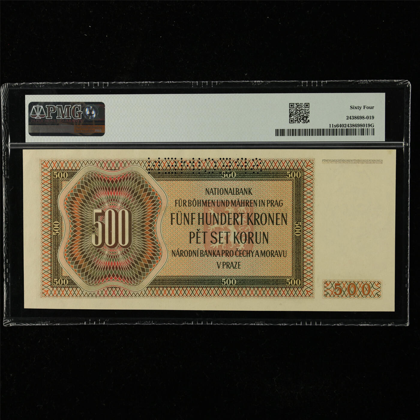 【亘邦集藏】第225期拍卖 1942年 波希米亚和摩拉维亚样钞500克朗 PMG 64 B518246