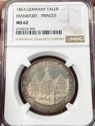 万国钱币拍卖第064期 - NGC MS62 1863年德国法兰克福王子会议泰勒 法兰克福名品之一 原味红玫瑰色调五彩状态舒适