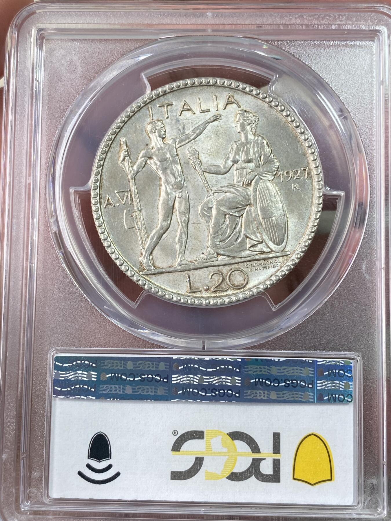 万国钱币拍卖第064期 PCGS MS65 1927年意大利伊曼纽尔三世裸男20里拉大银 意大利王国名誉品种 顶级BU十字转光收藏级品相
