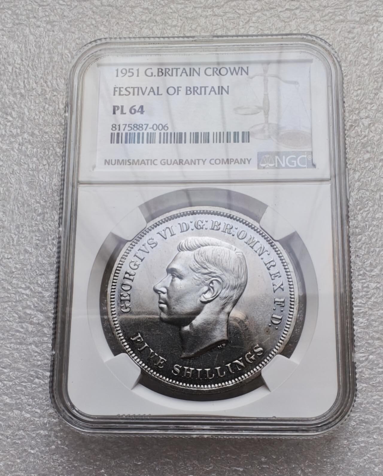 瓶子🏺第235期拍卖会  英国1951年乔治六世“不列颠节”克朗银币（NGC PL 64）   英国1951年不列颠节（Festival of Britain）纪念克朗银币，经NGC评级为PL 64（Proof-Like，类精制级），是你收藏中现代英国钱币的精品