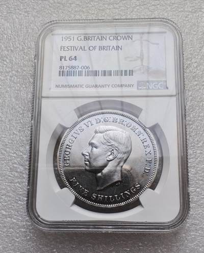 瓶子🏺第235期拍卖会 -  英国1951年乔治六世“不列颠节”克朗银币（NGC PL 64）   英国1951年不列颠节（Festival of Britain）纪念克朗银币，经NGC评级为PL 64（Proof-Like，类精制级），是你收藏中现代英国钱币的精品