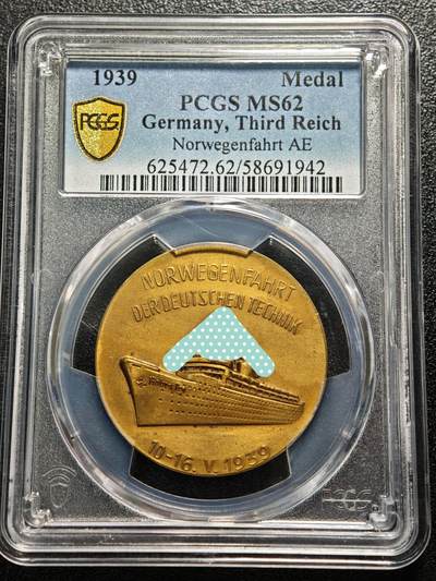 【德藏】世界币章拍卖第170期（拍品征集中~欢迎藏友联系） 1939年 德国民族社会主义工人党进攻挪威纪念铜章 PCGS MS62 少见品种 亚军分 仅1枚更高（原图请查询PCGS评级官网）